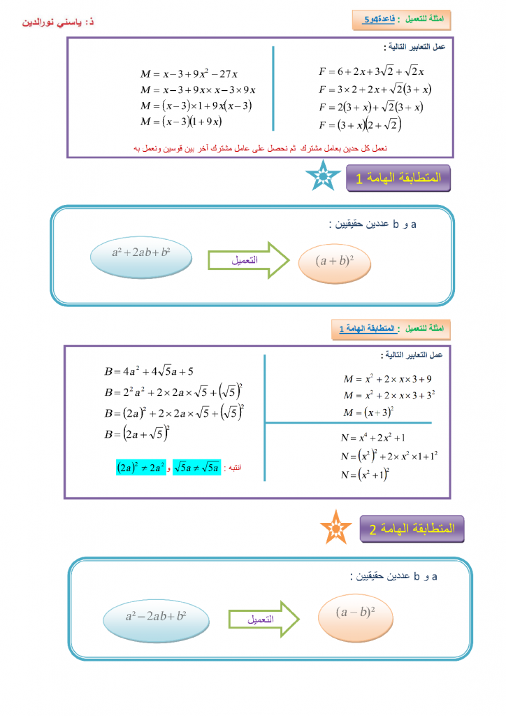 تمارين في النشر والتعميل والمتطابقات الهامة للمستوى الثالثة إعدادي