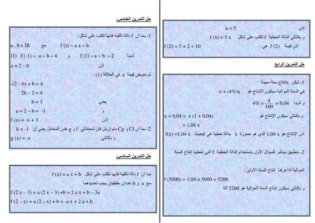 تمارين وحلول في الدالة الخطية والدالة التآلفية للسنة الثالثة إعدادي