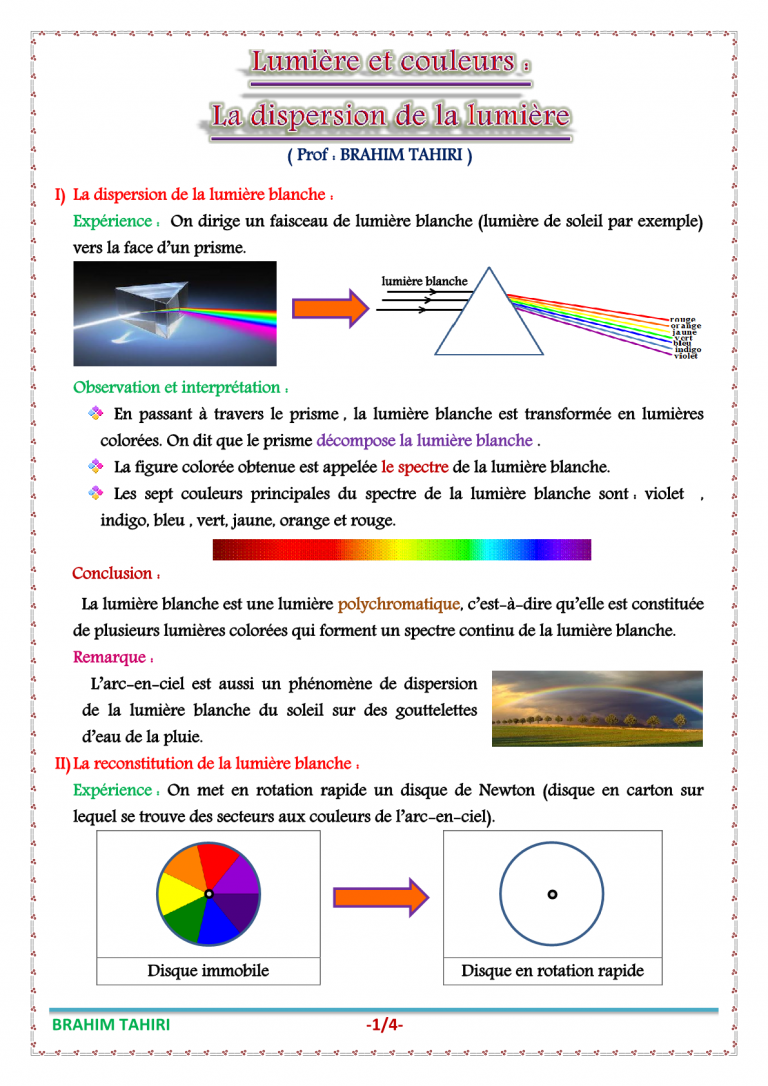 درس Lumière et couleurs La dispersion de la lumière للسنة الثانية ...