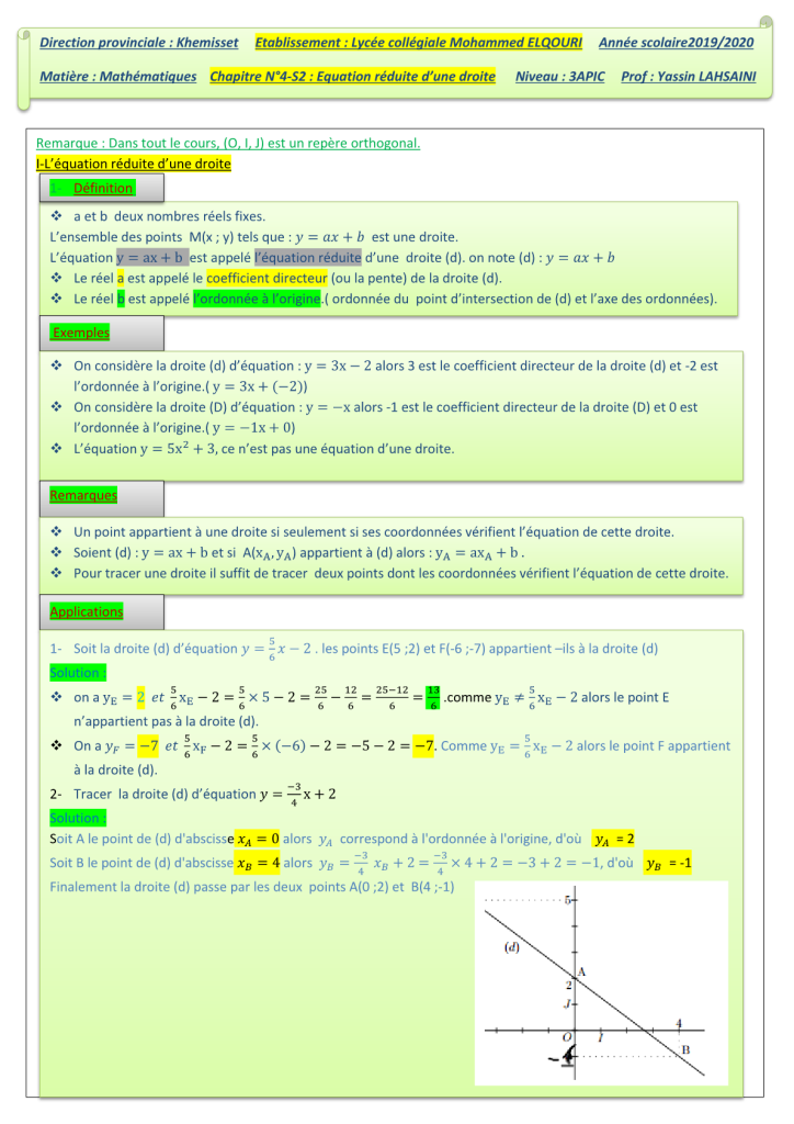 Quation D Une Droite Me Ann E Coll Ge